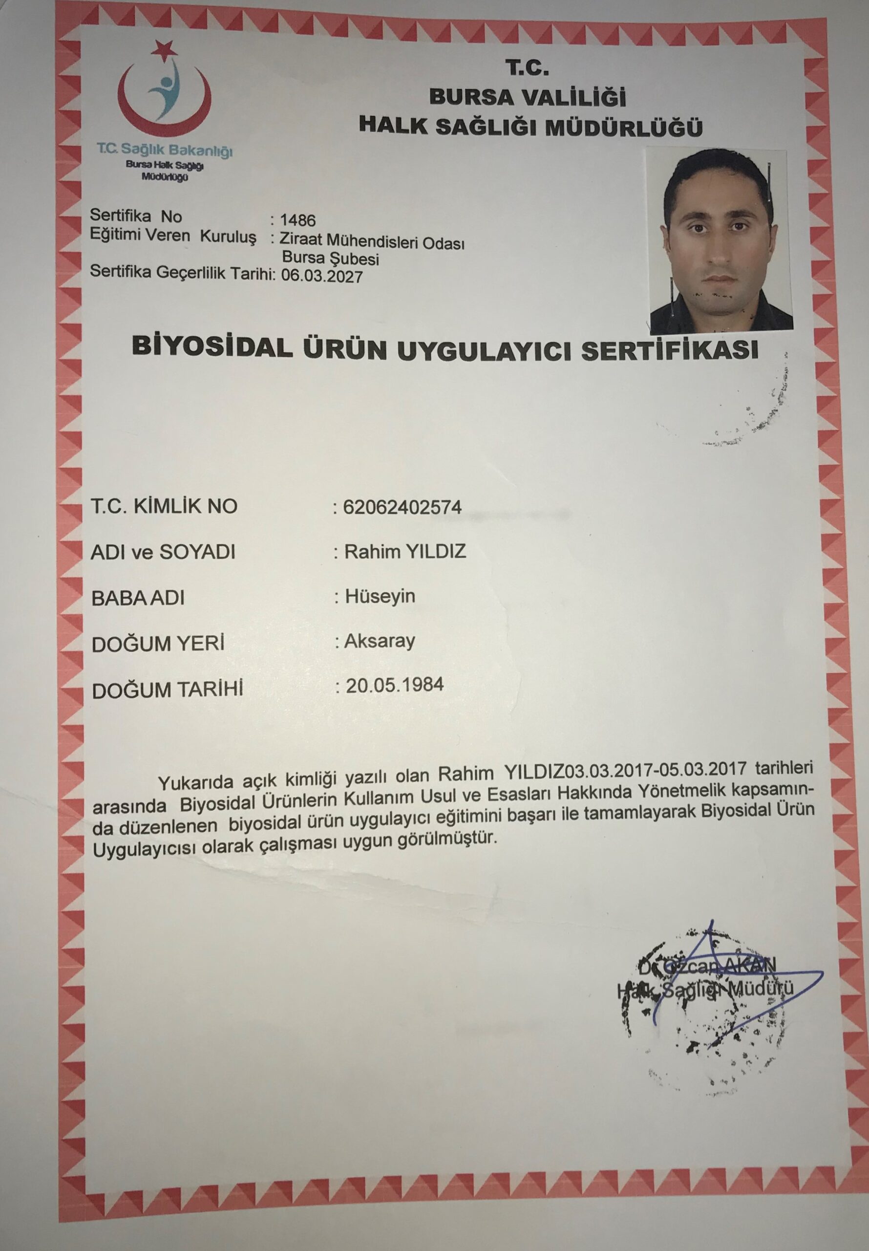 biyosidal uygulayıcı sertifikası